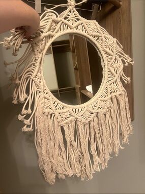 Handcrafted Macrame Fringe Wall Mirror - Cream